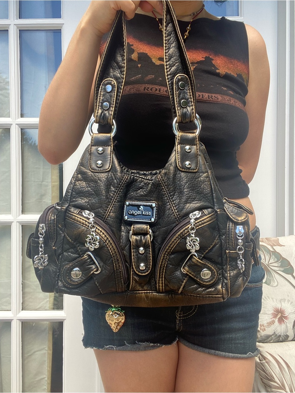Angel Kiss Distressed Brown Gold Leather Hobo Shoulder Bag